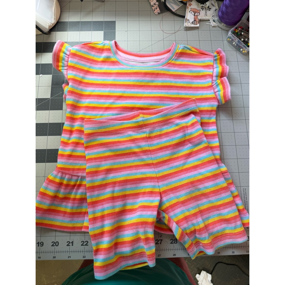 Cat & Jack Girls 4T Rainbow Stripe Ribbed Peplum Top and Bike Shorts Set